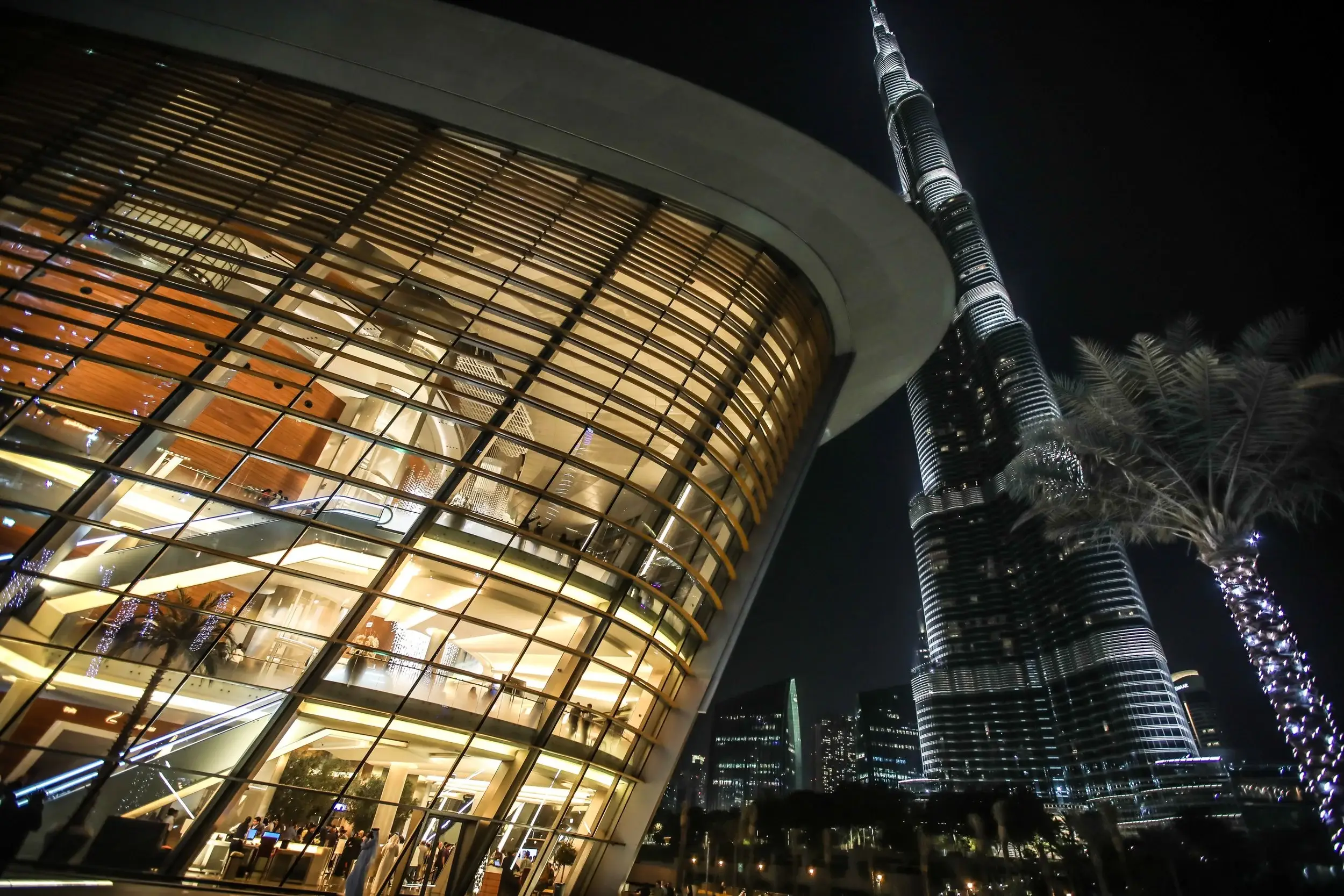 Dubai Opera exterior with Burj Khalifa — venue photography