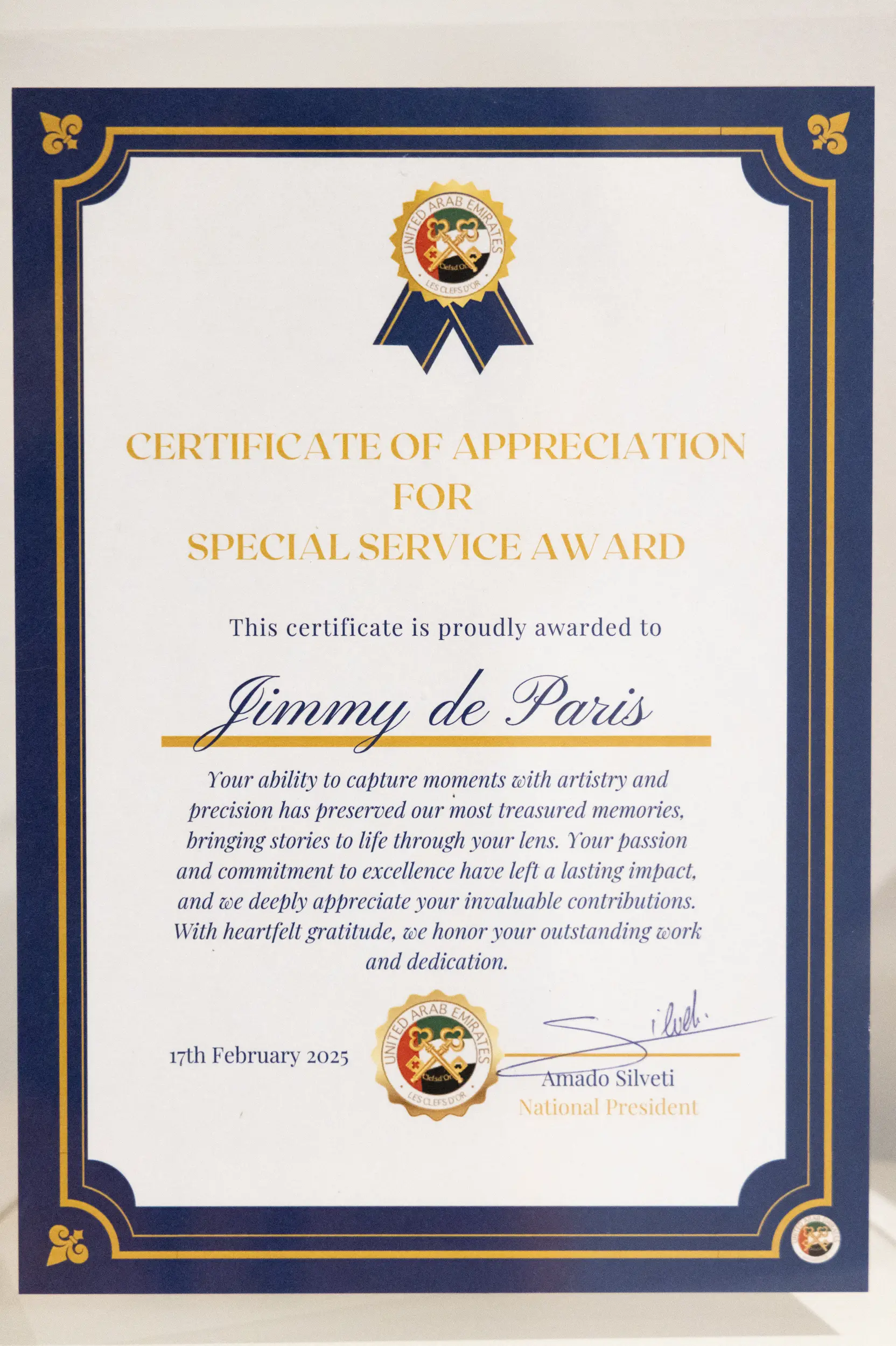 Certificat d'appréciation — Les Clefs d'Or UAE, décerné à Jimmy de Paris